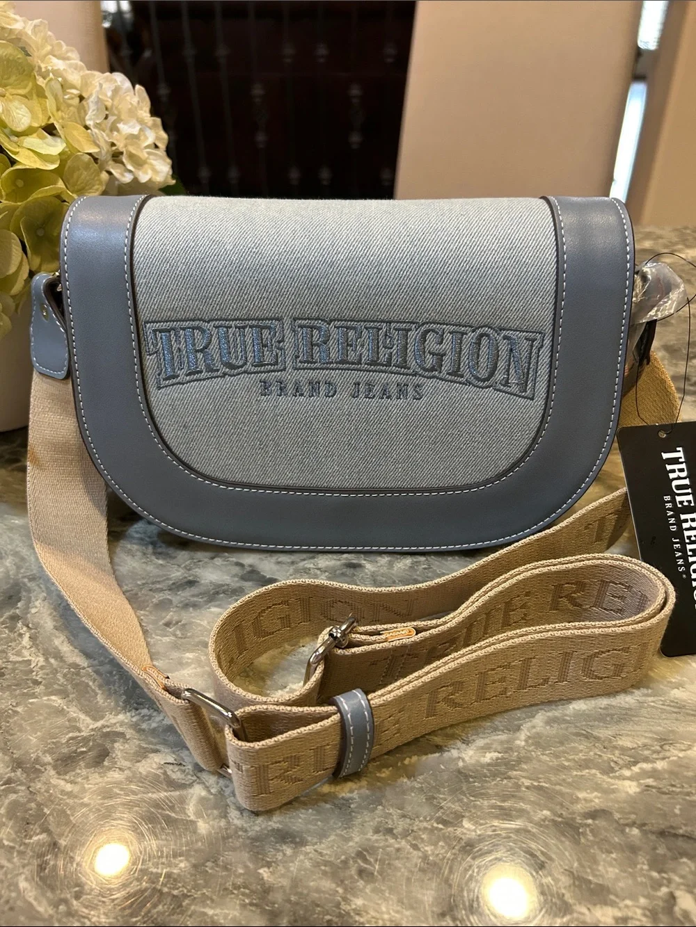 True Religion Light Gray and Tan Crossbody Messenger Bag